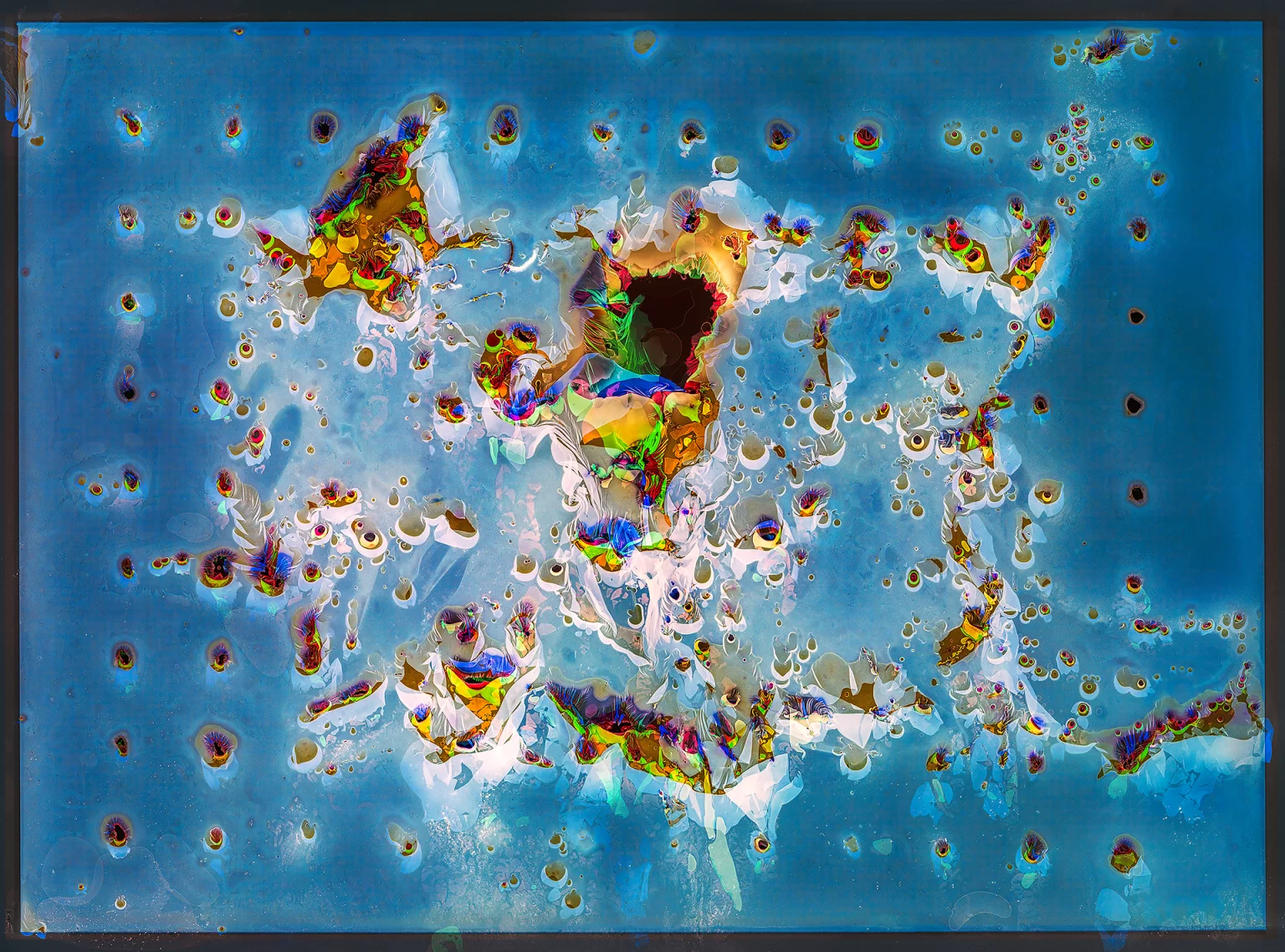 Biologically-processed photographic artwork "Incubator-#1" (2019) from Morphological Life Form Studies Lab presenting polychromatic biological eruptions through emulsion decay, featuring cellular multiplication and fractal reorganization into radiant life-structure formations.
