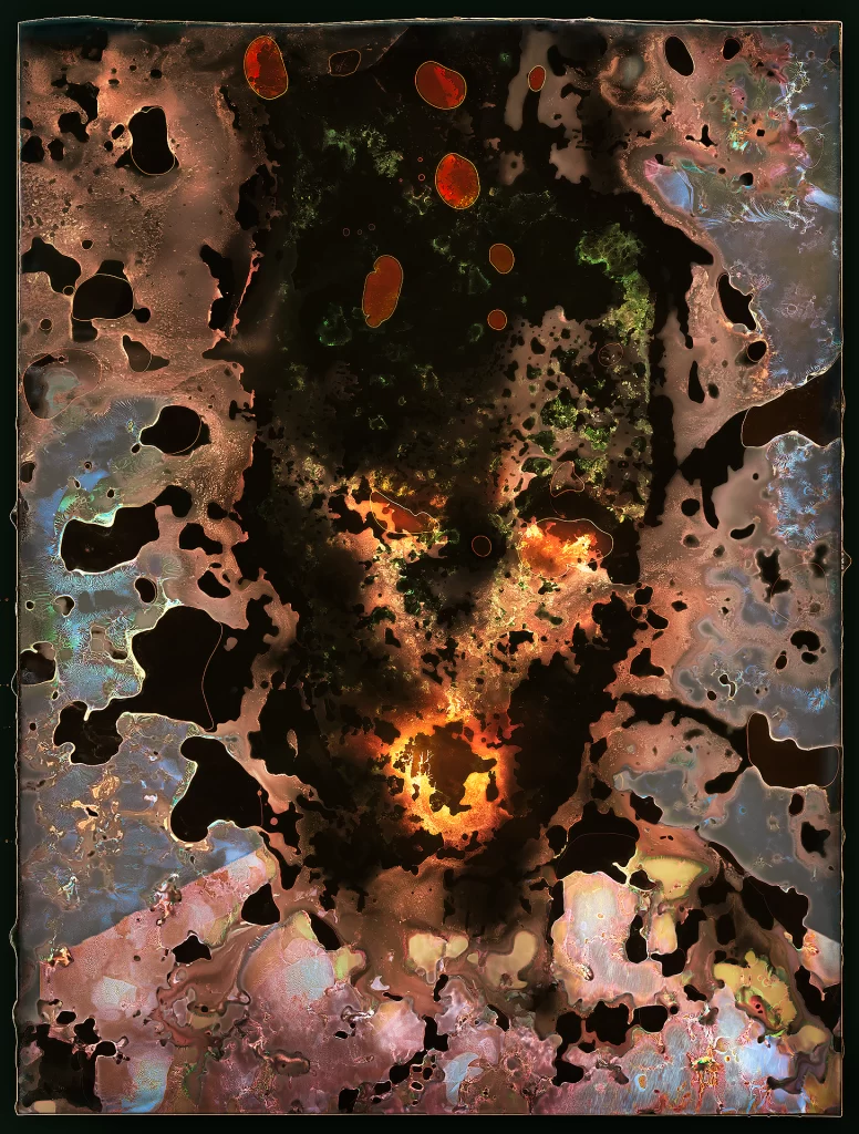 Experimental self-portrait produced via subterranean photographic processing with extended soil burial. Portrait displays dark facial silhouette surrounded by diverse biological effects including fiery chemical reactions, verdant organic growth, oxidized formations, and silvery mineral deposits with areas of complete material consumption.