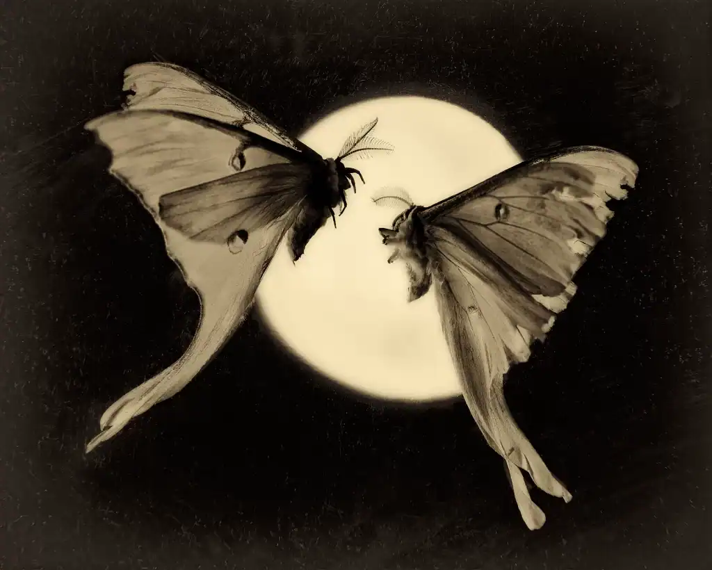 Actias luna moth artistic macro photography from 2007 featuring silhouette with feathery antennae against starry background and motion blur wing effects created with professional studio composite techniques.