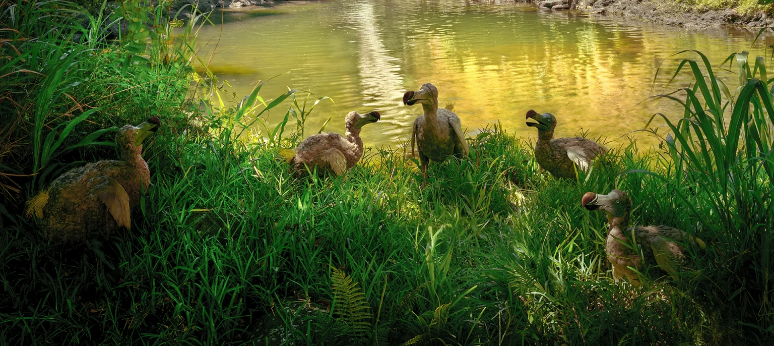 Five dodo bird replicas assemble beside the vegetation-bordered shores of Riviere des Anguilles, Mauritius, illuminated by warm sunlight as they seem to feed near the waterside within their previous native environment.