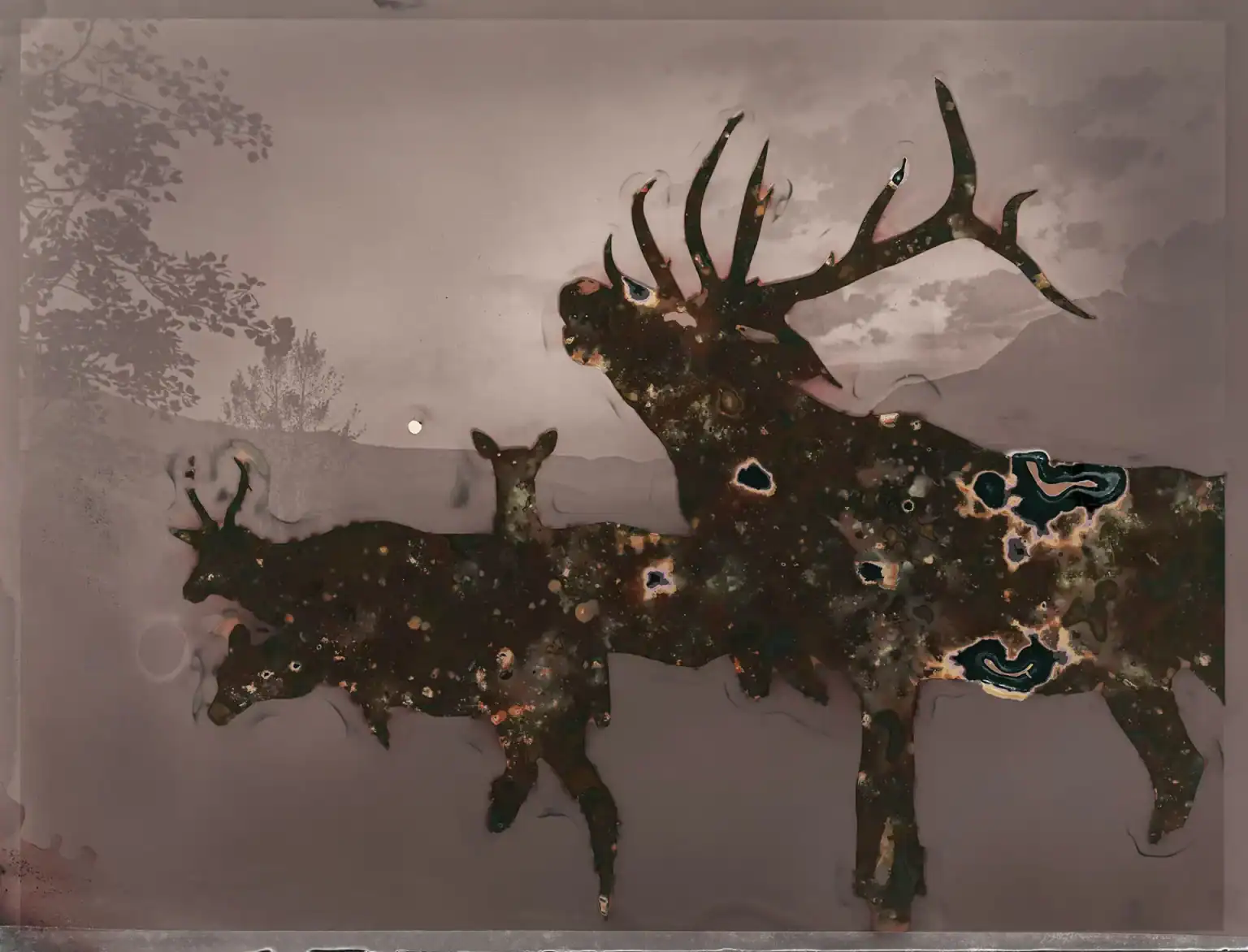 biologically-processed photographic artwork, mixed media artwork depicting wildlife silhouettes through experimental photography techniques, featuring stag with antlers and deer family against natural landscape, created using biological processing methods with earth-based materials on segmented composition.