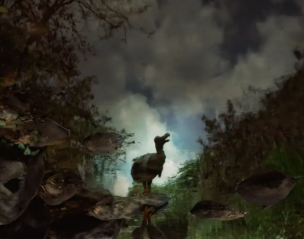 A dodo bird replica positioned beside the reflective waters of Riviere des Anguilles on Mauritius, encircled by dense tropical vegetation that formerly comprised the vanished species' native environment.
