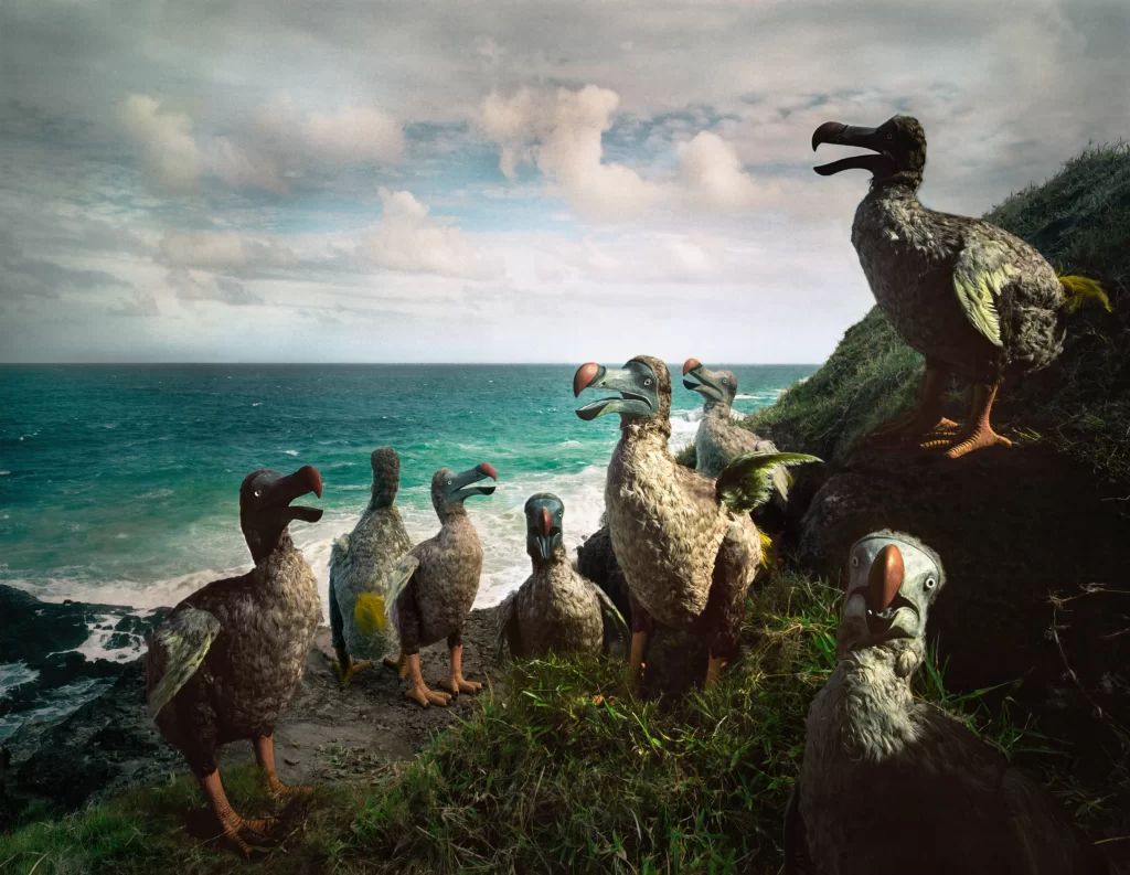 Full-scale dodo bird replicas arranged on a coastal grassland overlooking the sea in Mauritius. The recreated vanished species exhibit different stances and their distinctive oversized bills, sturdy frames, and gray-brown feathers, forming a conceptual gathering in their native island environment beneath an overcast atmosphere.