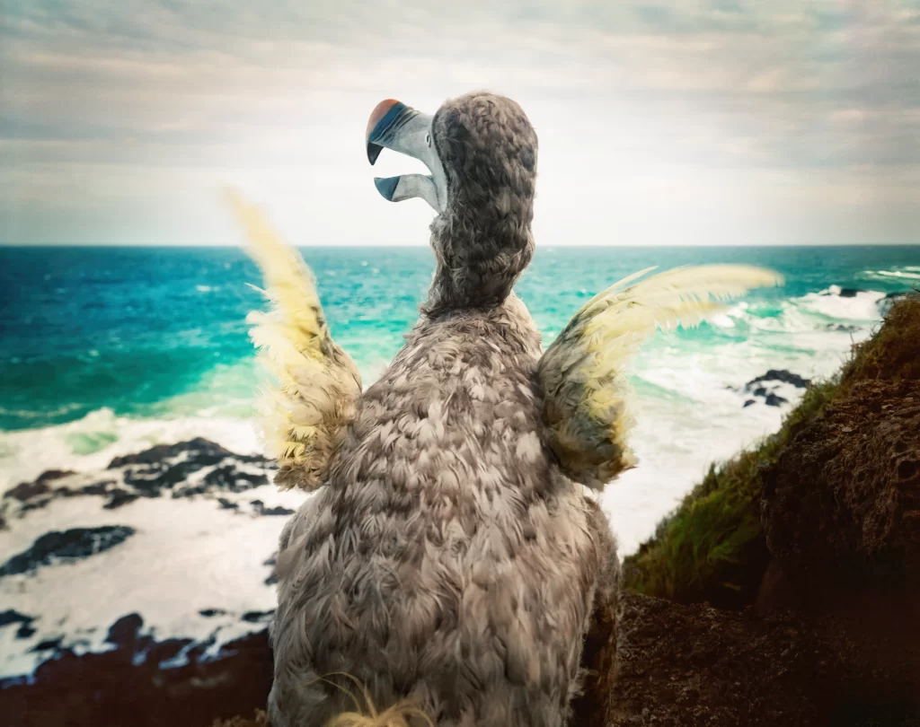 Full-scale dodo replica seen from the rear with spread wings, placed on coastal bluffs above azure waters and shores of Mauritius. The recreated vanished species shows its distinctive oversized bill and feathering while facing the seascape of its ancestral island territory.