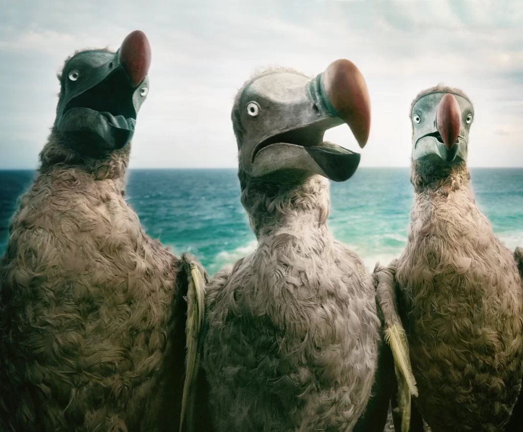 Life-sized dodo sculptures gathered near the Mauritius coastline, with ocean waves visible in the background. The artistic reconstructions display the extinct creatures' characteristic large curved beaks, robust feathered bodies, and small eyes, creating an imaginary congregation of the disappeared species in their original seaside habitat.