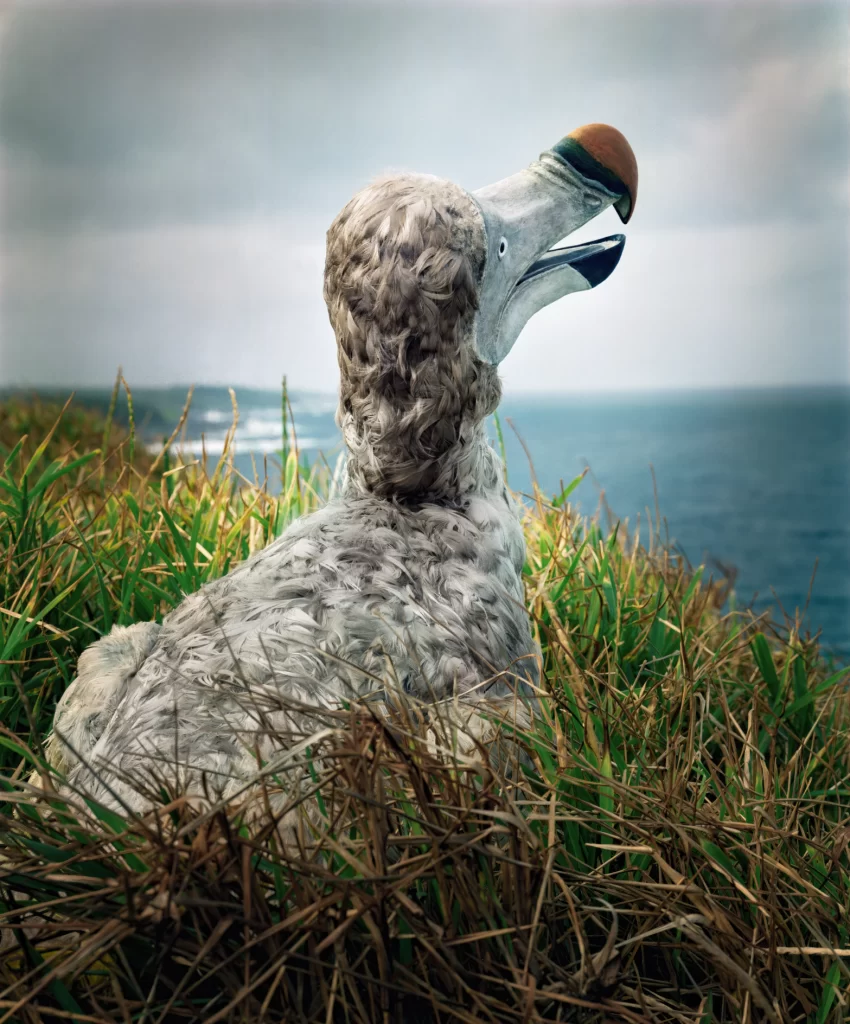 Dodo reconstruction nestled in seaside vegetation at Benares, Mauritius, showing the vanished bird's prominent curved bill and feathered form facing the marine horizon.