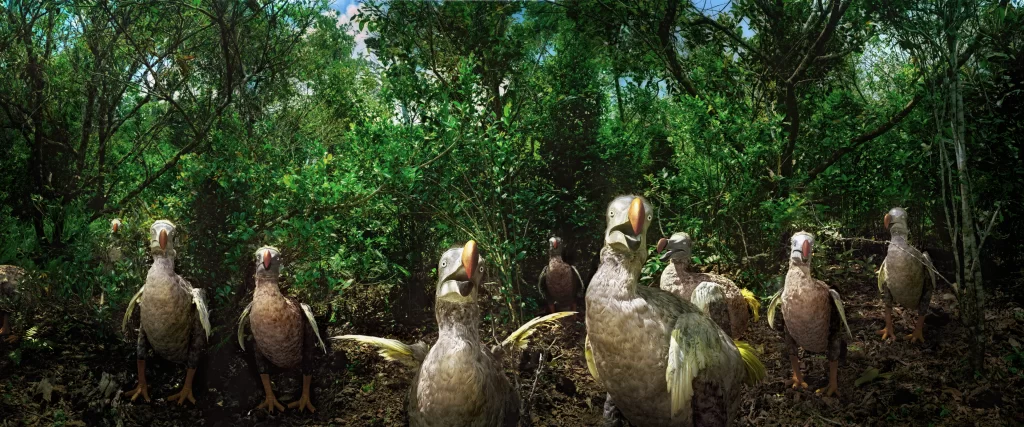 Multiple dodo reconstructions assembled within thick woodland at Black River Gorges, Mauritius, showing the disappeared creatures' distinctive features amid their ancestral forest environment