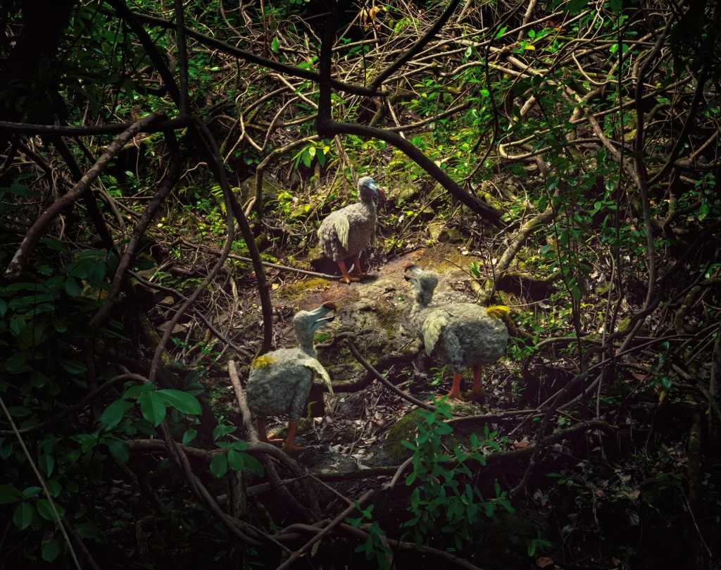 Duo of dodo replicas placed along shaded woodland pathway in Macchabee Forest, Mauritius, surrounded by thick tropical foliage in their ancestral jungle environment.RetryClaude can make mistakes. Please double-check responses.