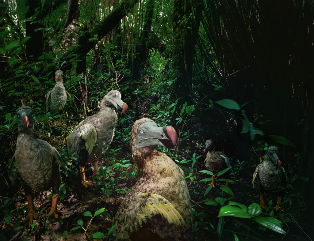 Duo of dodo replicas placed along shaded woodland pathway in Macchabee Forest, Mauritius, surrounded by thick tropical foliage in their ancestral jungle environment.