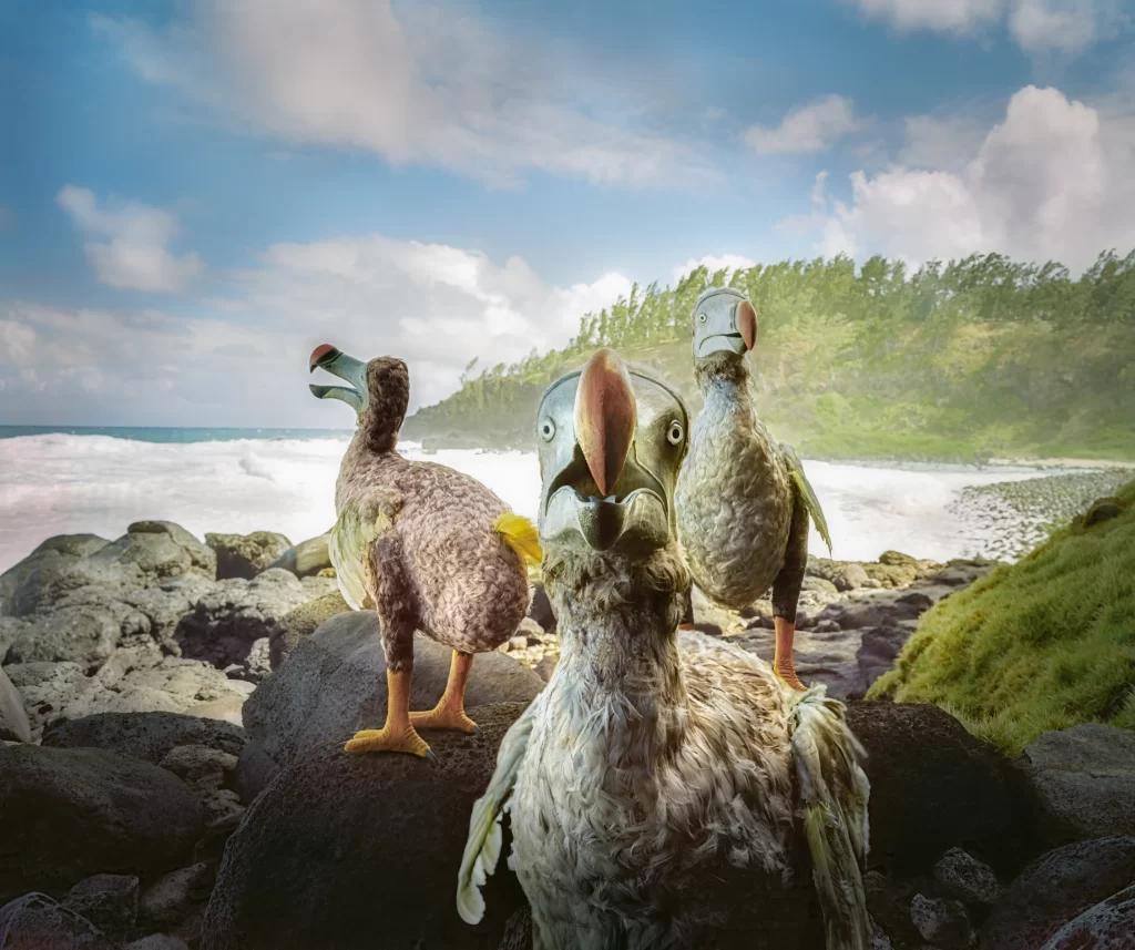 Realistic dodo bird sculptures recreated on Mauritius coastal rocks depicting extinct flightless birds in natural island environment with ocean and vegetation background.