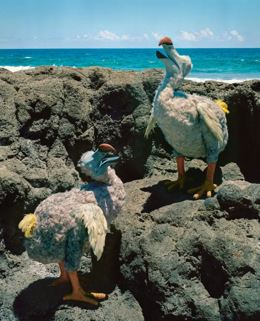 Pair of dodo sculpture reconstructions on weathered limestone coastal rocks with turquoise ocean backdrop depicting extinct Mauritius flightless birds in natural habitat.
