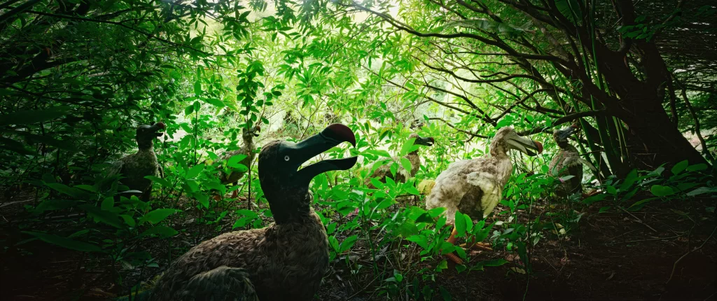 Dodo sculpture pair placed among thick jungle foliage showing extinct birds in verdant Mauritius forest setting with tropical plants and tree canopy overhead.