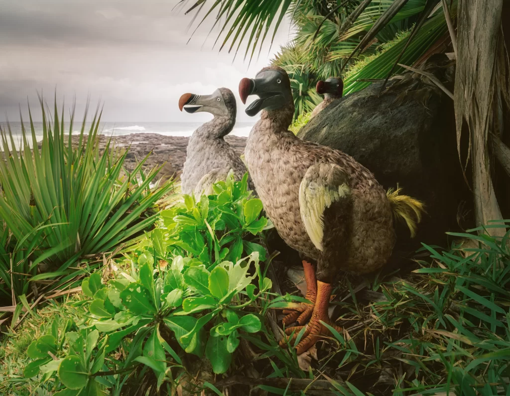 Replica dodo specimens positioned within authentic Mauritian tropical landscape featuring indigenous flora and oceanside terrain, depicting the vanished bird species' former natural ecosystem.