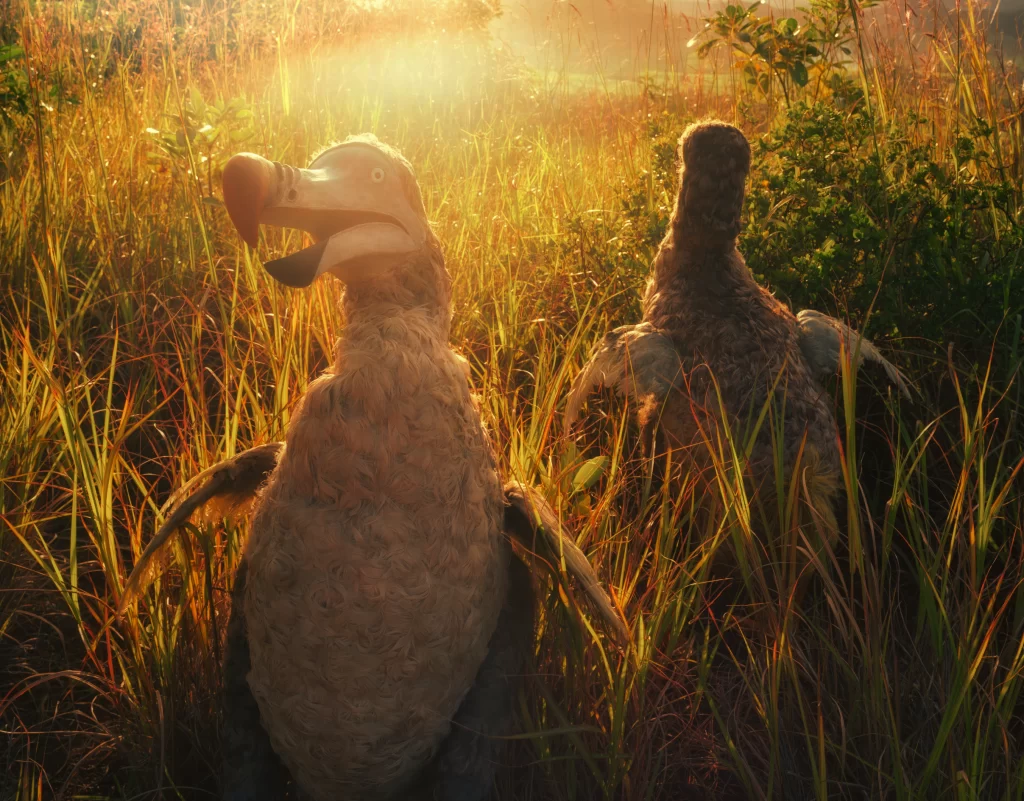 Extinct dodo species reconstructions positioned within illuminated Mauritian grasslands during evening light, surrounded by indigenous flora in their historical island environment.