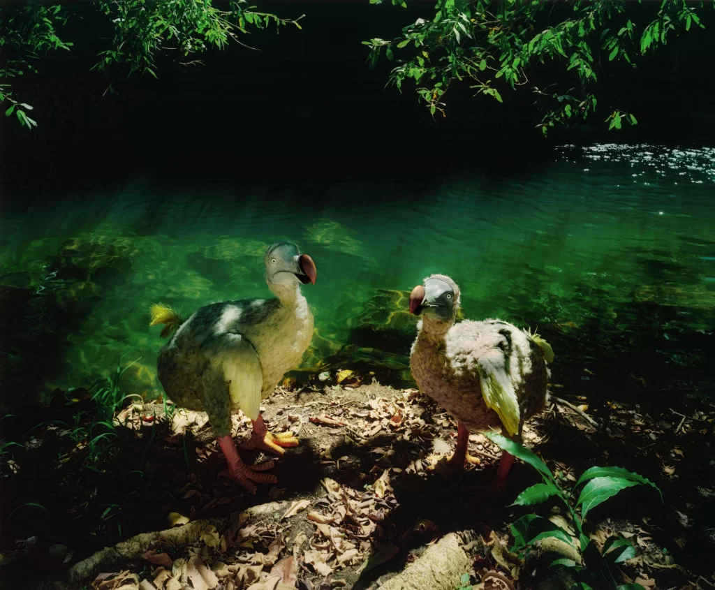 Two dodo bird replicas positioned at the waterside of Riviere des Anguilles, Mauritius, placed naturally as if feeding or drinking from the green river flowing through the tropical woodland that formerly sheltered these vanished species.