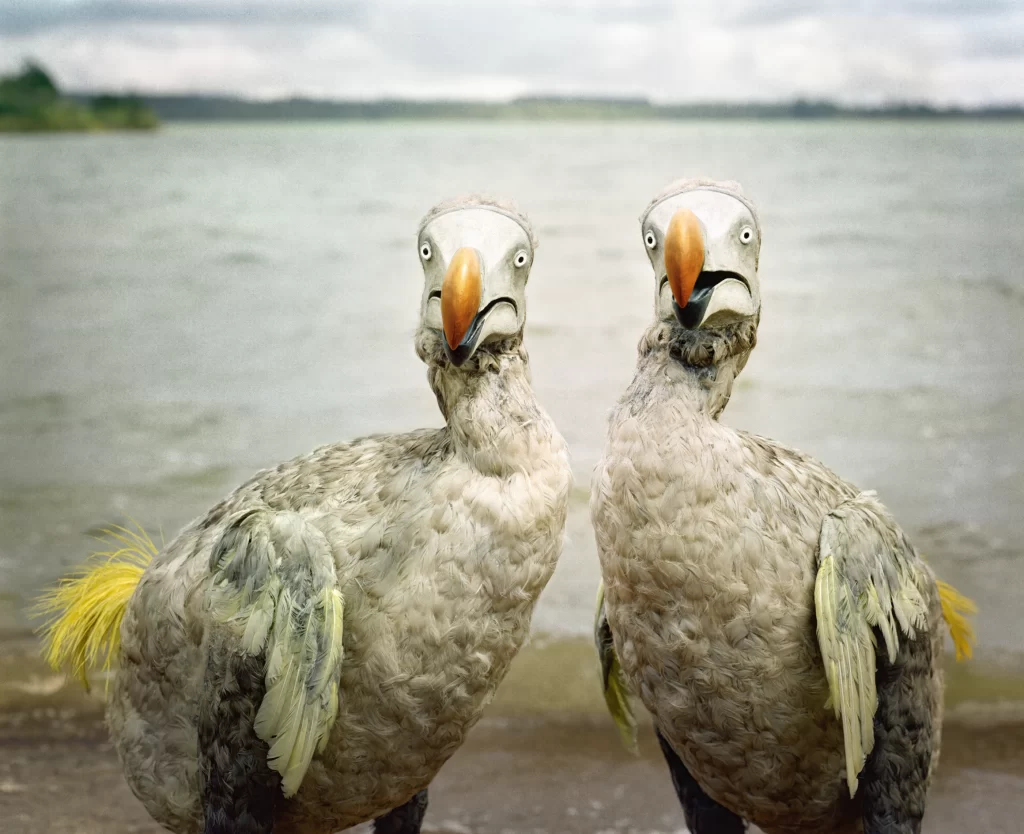 Detailed dodo species replicas displayed near Mauritian reservoir shoreline, featuring authentic coloring and anatomical characteristics of the extinct flightless birds in their native island setting.
