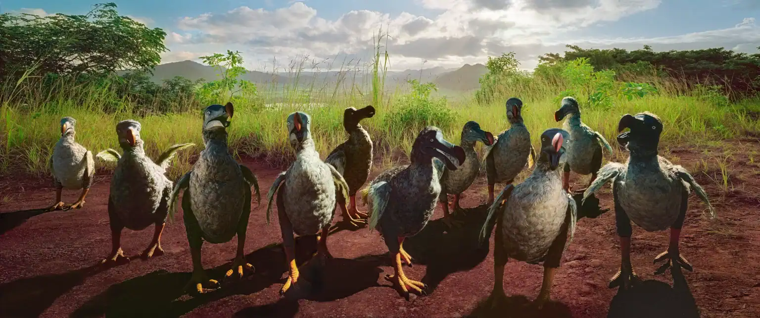 Multiple extinct dodo species replicas displaying diverse coloration positioned on Mauritian terrain, recreating historical bird population variations within their native island ecosystem.