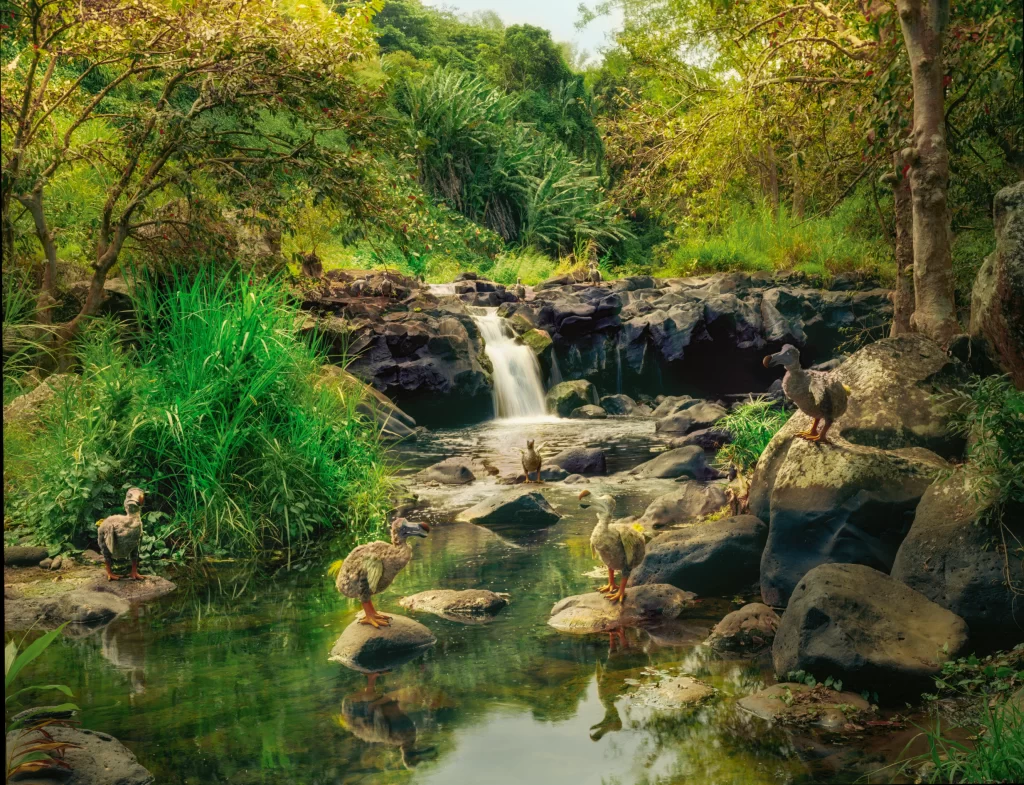 Several dodo bird replicas are placed across a cascading water environment beside Riviere des Anguilles, Mauritius, forming a fictional tableau of how these vanished wingless species may have assembled near freshwater locations within their tropical island ecosystem.
