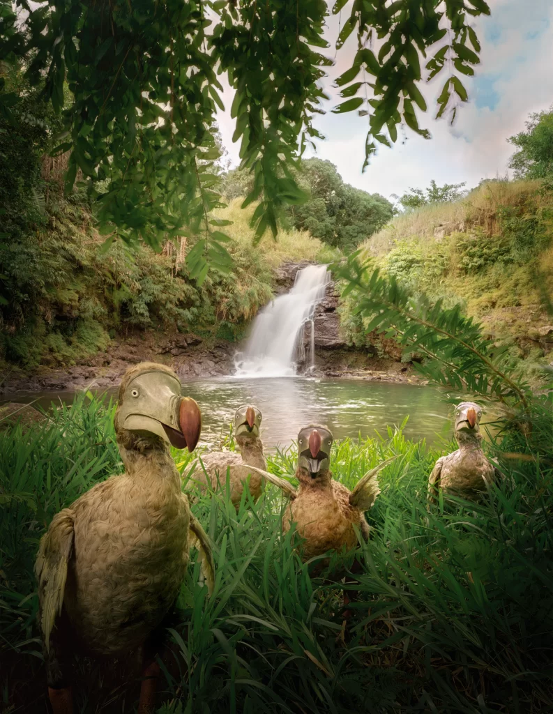 A cluster of dodo bird replicas sits within high vegetation beside a cascade along Riviere des Anguilles, Mauritius, forming a fictional tableau of domestic life among these vanished species in their verdant tropical gorge environment.