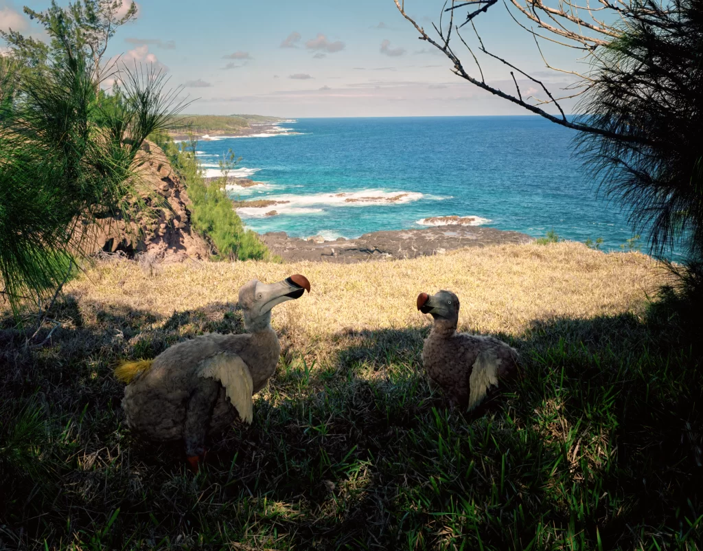 Two dodo bird replicas positioned on a cliff edge at Benares, Mauritius, overlooking the azure Indian Ocean waters and striking shoreline that comprised the borders of their vanished species' island habitat.