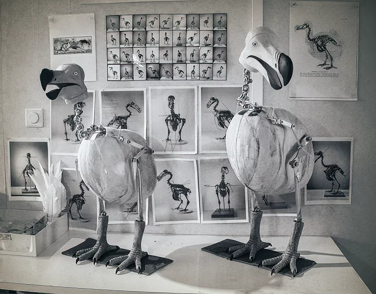 Historical museum laboratory scene featuring sculptural dodo reconstructions surrounded by extensive research documentation including sequential movement studies, skeletal photographs, and anatomical references demonstrating scientific approach to extinct species recreation.