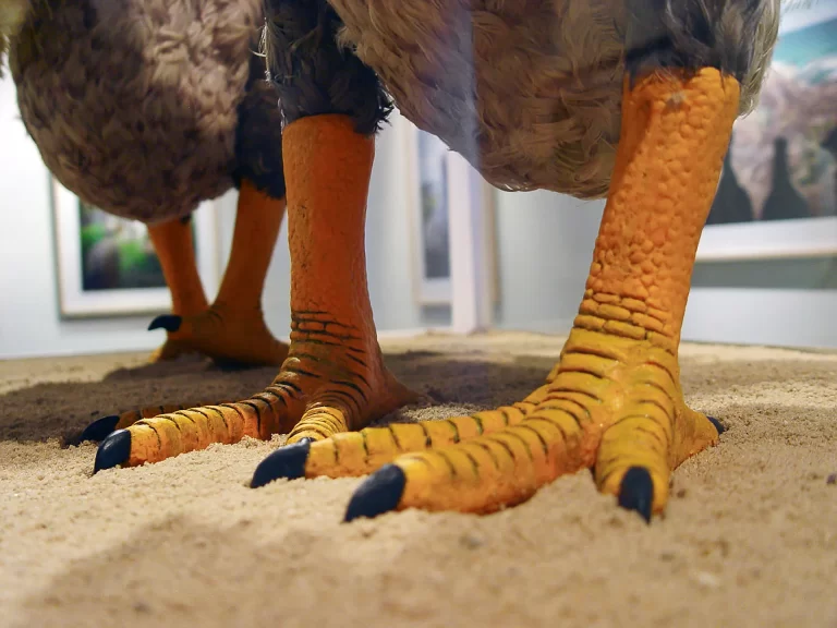 Close-up photograph of reconstructed dodo bird feet showing thick orange-yellow scaled legs and three-toed feet with black claws. Museum display model demonstrates robust anatomical features of extinct flightless bird in indoor exhibition setting.