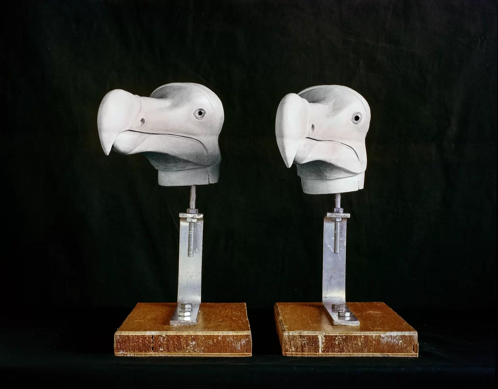 Dodo bird head sculpture carved from pale material, mounted on metal armature with clamp system attached to dark wooden base. Features distinctive curved beak, small eye, and bulbous head shape of extinct dodo against black background.