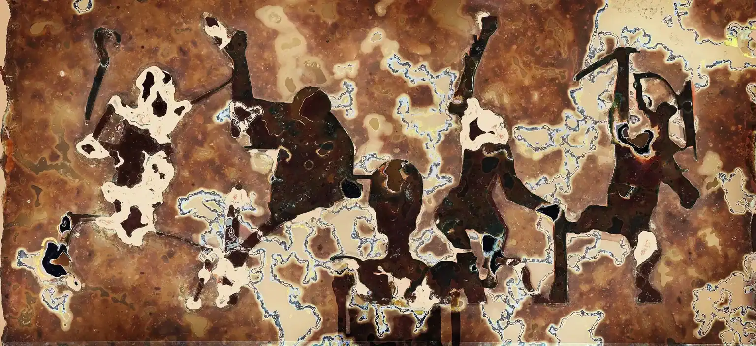 biologically-processed photographic artwork of a group of primates on a fossil-like wall surface.