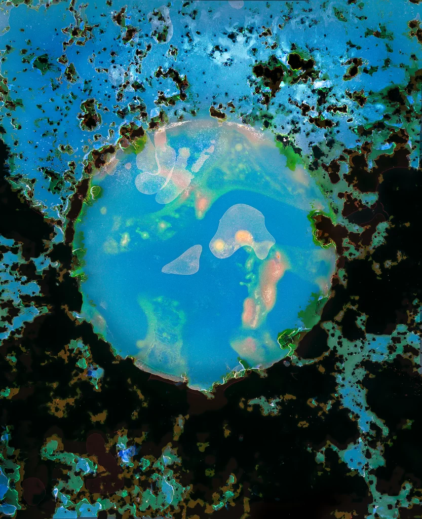 Alternative photographic process artwork featuring luminous azure sphere amid decomposed organic matter. Buried film technique produces ethereal circular formation with translucent overlays surrounded by oxidized earth-tone deterioration and mineral deposits.RetryClaude can make mistakes. Please double-check responses.