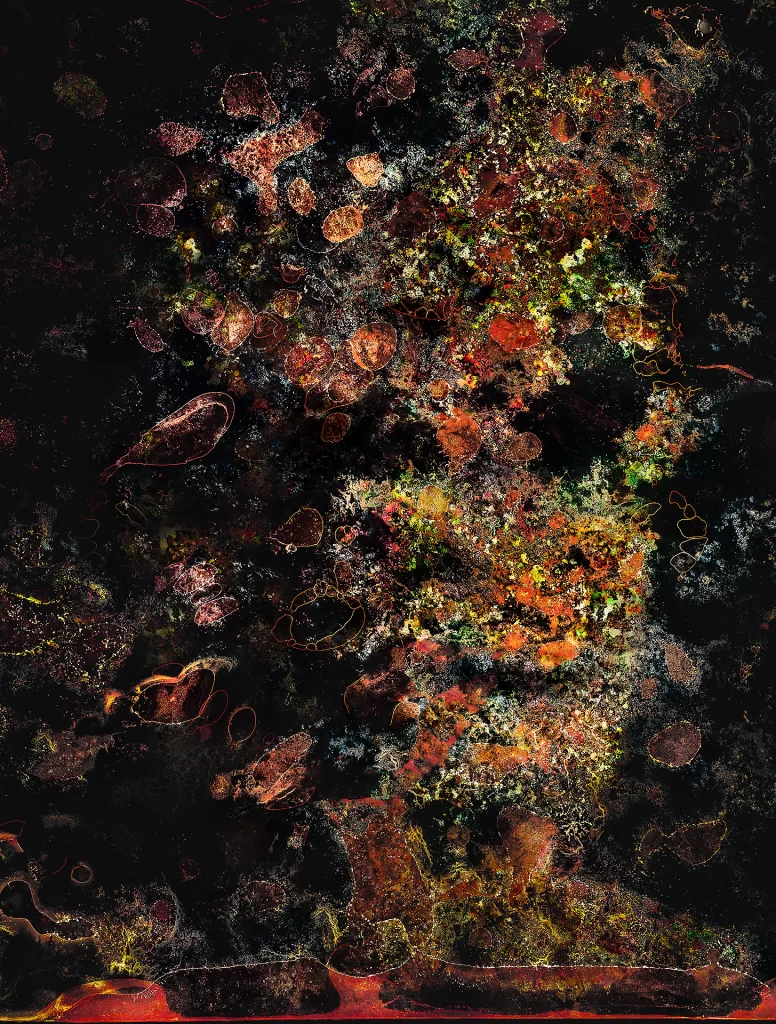 Experimental self-portrait produced via subterranean photographic processing showing frontal figure dissolved into chemical activity. Composition exhibits golden formations, crimson oxidation, verdant organic growth, and honeycomb textures from earthbound decomposition processes creating cosmic-like biological landscape.