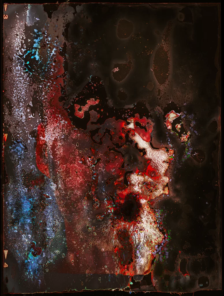 Experimental self-portrait produced via subterranean photographic processing showing profile with elemental color transitions. Figure exhibits cobalt crystalline formations, scarlet chemical flows, ivory mineral accumulations, and sculptural void formations from earthbound decomposition processes and biological intervention.