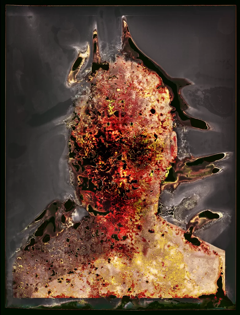 Self-portrait created through biological imaging with buried color negative showing frontal bust amid explosive decomposition effects. Image displays intense crimson and golden formations with volcanic-like eruptions, black voids, emerald microbial growth, and flame-like organic projections from extended soil processing.
