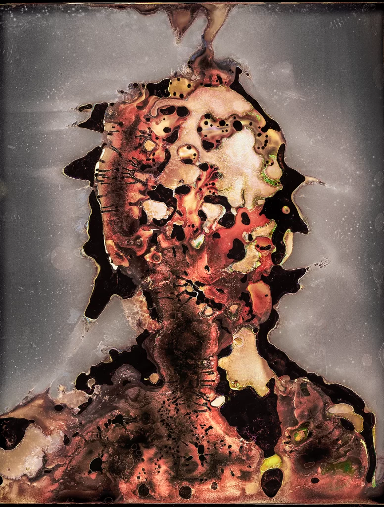 Experimental self-portrait produced via subterranean photographic processing showing profile with celestial gaze. Figure exhibits complex biological transformations including honeycomb textures, scarlet chemical alterations, ivory mineral accumulations, and verdant organic growth from earthbound decomposition processes.