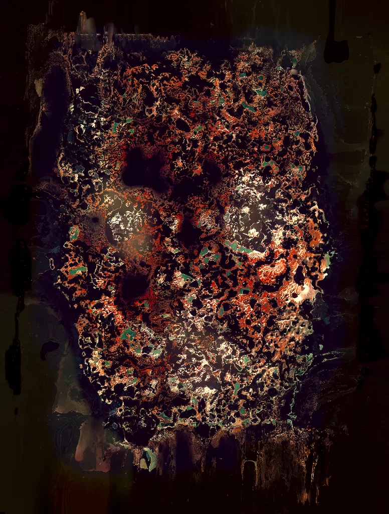 Experimental self-portrait produced via subterranean photographic processing with soil burial and selective masking. Portrait displays abstracted features through biological decomposition effects, mineral staining, and microbial activity creating complex earthy textures and oxidation patterns over extended incubation period.