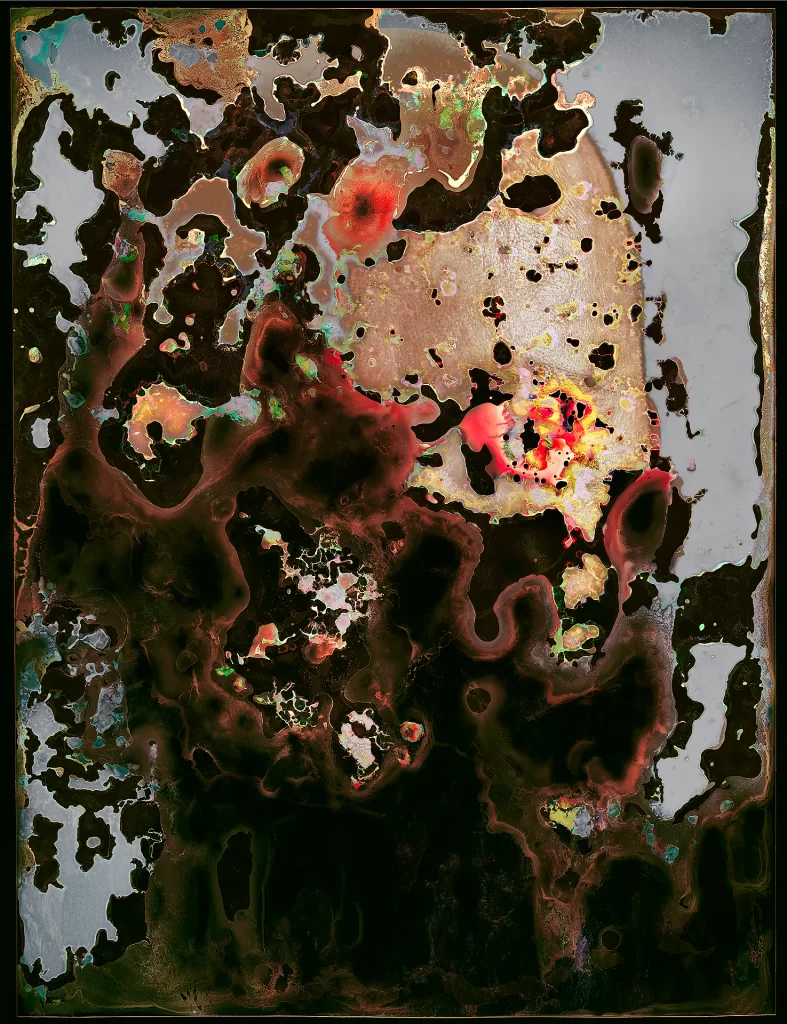 Experimental self-portrait produced via subterranean photographic processing showing profile with dramatic material consumption. Figure exhibits complex biological transformations including scarlet chemical alterations, golden mineral accumulations, verdant organic growth, and sculptural void formations from earthbound decomposition processes.