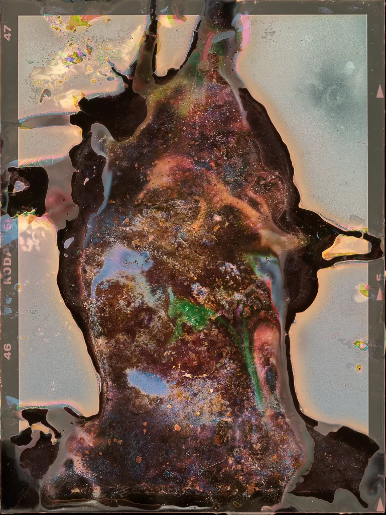 Self-portrait on color negative film created through biological imaging with soil burial process. Frontal torso view shows extensive decomposition effects including rust oxidation, emerald microbial growth, azure chemical reactions, and cellular bubble formations with visible film frame markings and prismatic background effects.