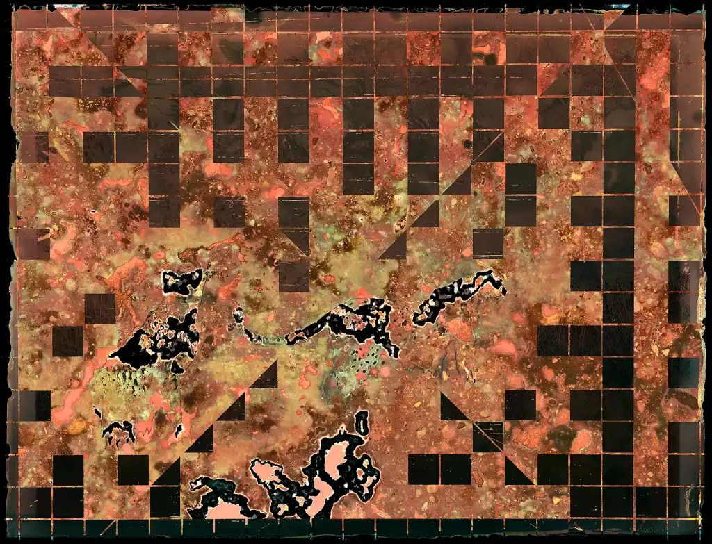 Building a House for Leopards #1, Part 2, Past Future: "Continuation of the leopard-themed mosaic series with similar grid patterns and earth tones, showing abstract leopard figures integrated within the geometric composition"