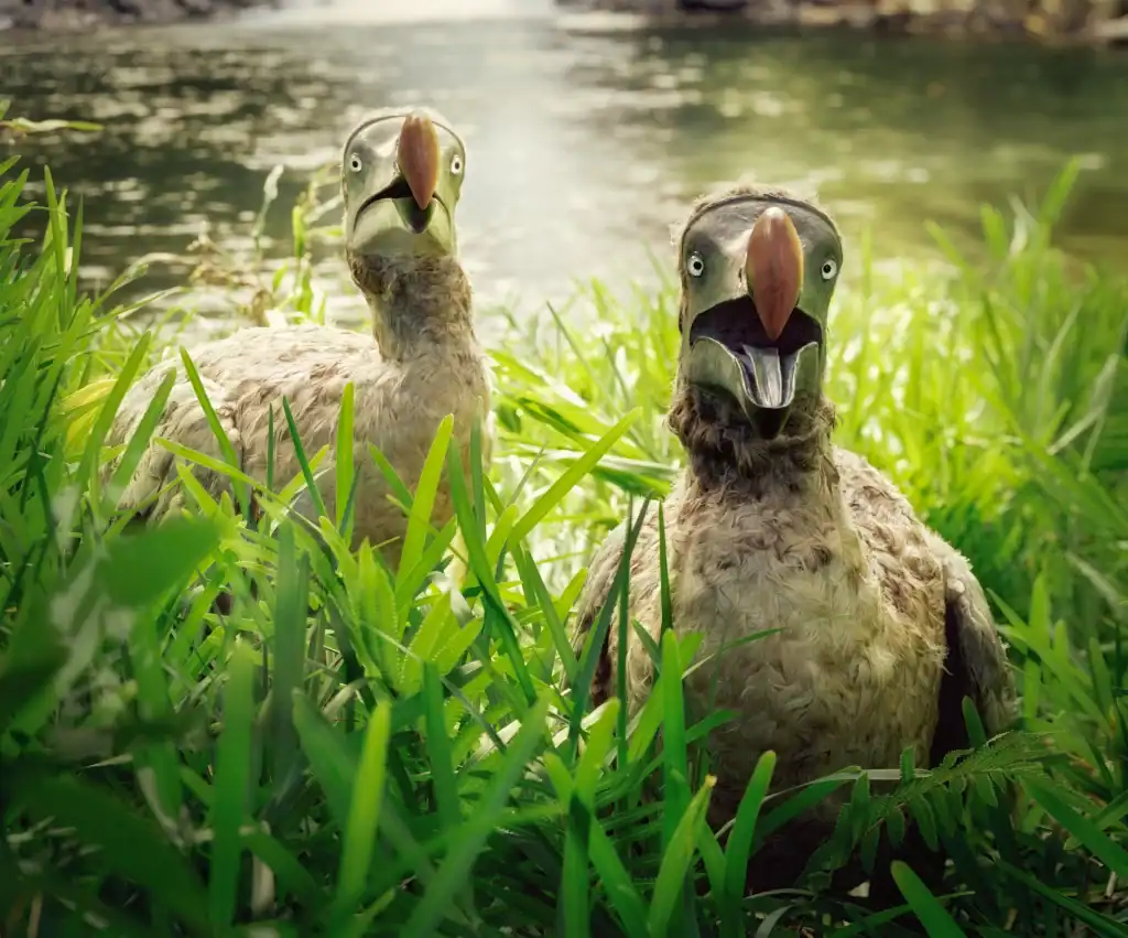Two dodo bird replicas placed within high vegetation near Riviere des Anguilles, Mauritius, with waterway visible behind them. The artistic recreations showcase the vanished species' distinctive oversized hooked bills and plumaged forms as they seem to feed naturally in their previous riverside environment.