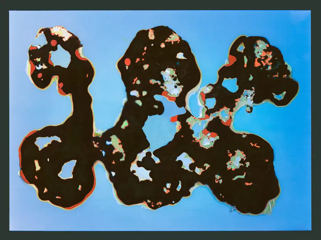 Biologically-processed photographic artwork "Taste Of Blood And Violence #1" (2023) presenting emulsion decay formations with polychromatic fragments, demonstrating fractal geometry reorganization into amorphous life-structure silhouettes through biological imaging processes.