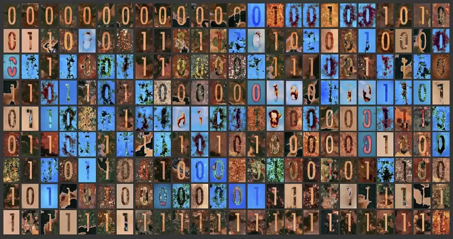 biologically-processed photographic artwork featuring organic zero and one characters arranged in systematic grid layout. Mixed media artwork combines biological textures, coral patterns, and fluid shapes in earth tones and blue hues. Conceptual piece examining human visual perception versus automated recognition systems through biomorphic numerical forms and experimental typography design.
