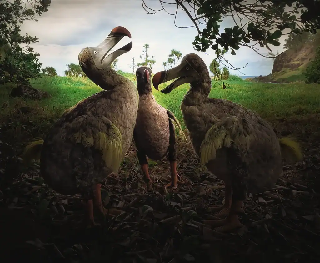 Three full-scale dodo replicas situated on woodland ground at Riviere des Anguilles, Mauritius, displaying the extinct creatures' prominent bills and feathered forms amid natural island landscape.