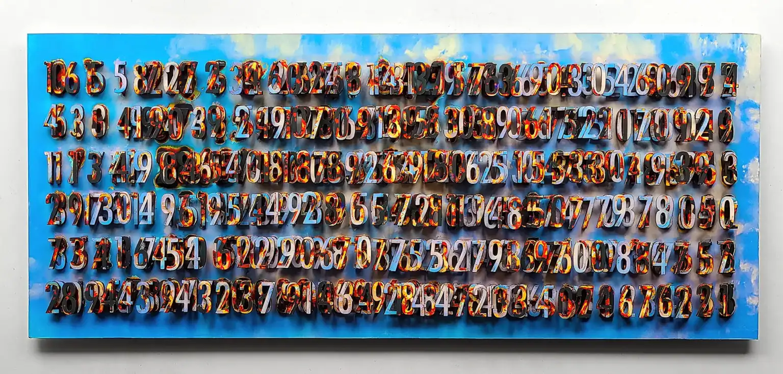 Mathematical sequence artwork featuring Fibonacci progression with biological soil treatment creating varied decomposition effects on azure background. Numerals physically extracted from print surface form three-dimensional relief coated with earth material, bridging abstract mathematical principles and tangible natural phenomena through organic transformation processes.