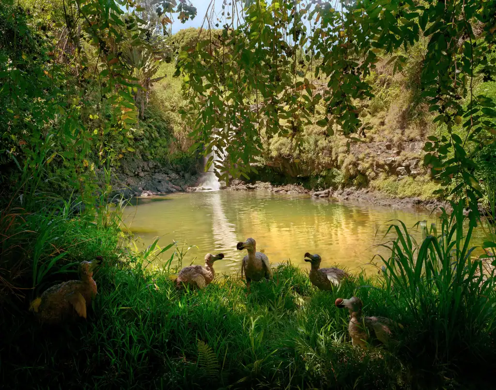 Five dodo bird replicas assemble beside the vegetation-bordered shores of Riviere des Anguilles, Mauritius, illuminated by warm sunlight as they seem to feed near the waterside within their previous native environment.