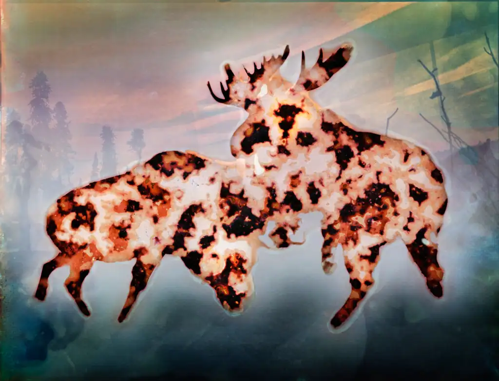 lces alces (Moose), 2024 — two bull moose in combat, their bodies mapped in black and rust biological patterning, locked together against a luminous boreal mist of rose, teal and soft gold.ve a boreal forest.