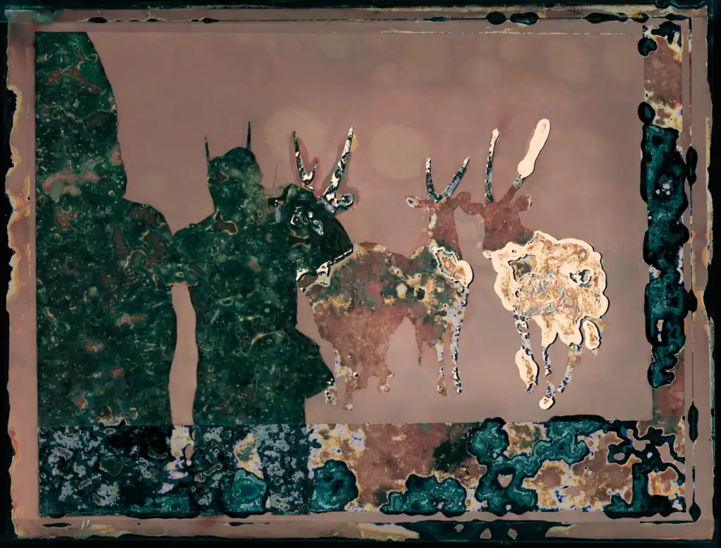 biologically-processed photographic artwork, man photographing group of antelopes inside natural history museum diorama
