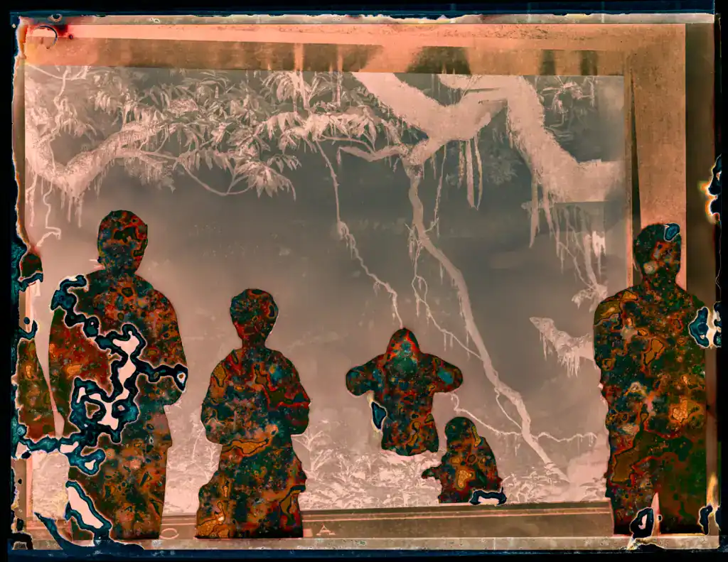 biologically-processed photographic artwork group of people standing in front of a natural history museum mountain gorilla diorama