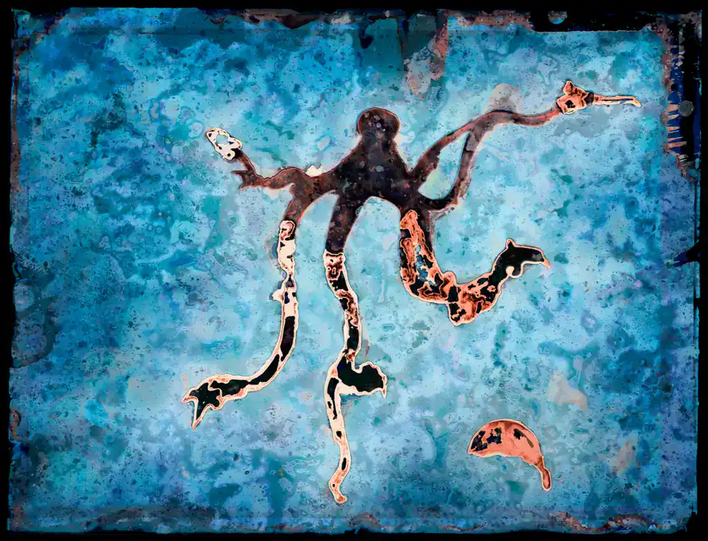 dark silhouette of an octopus with its tentacles extending across a grid of blue-toned squares created through biological processing of color negative film