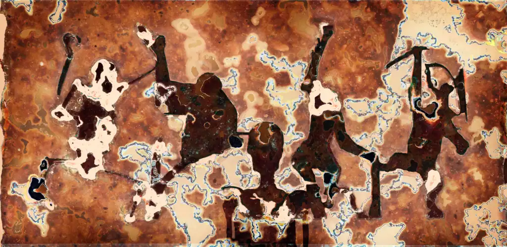 Biologically processed wildlife photograph showing dark animal silhouettes against earthy rust and ochre tones, evoking prehistoric cave painting.