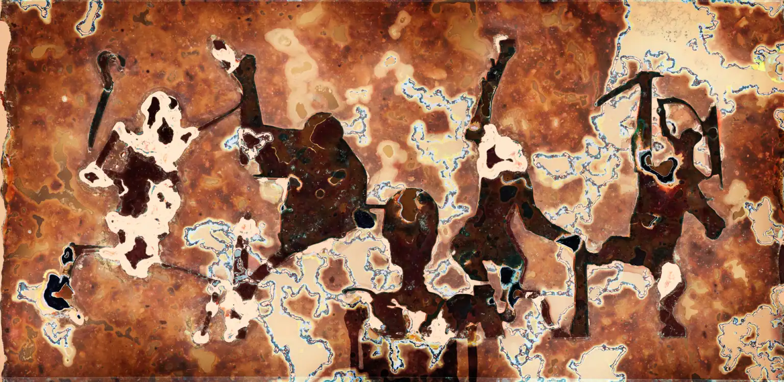 Biologically processed wildlife photograph showing dark animal silhouettes against earthy rust and ochre tones, evoking prehistoric cave painting.