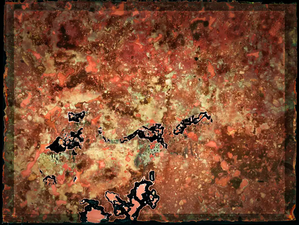 Biologically processed vintage photograph, Panthera Part 2, 2024 — lion forms almost fully consumed by a burning field of red, rust and ochre, three dark remnant shapes scattered low in the frame.